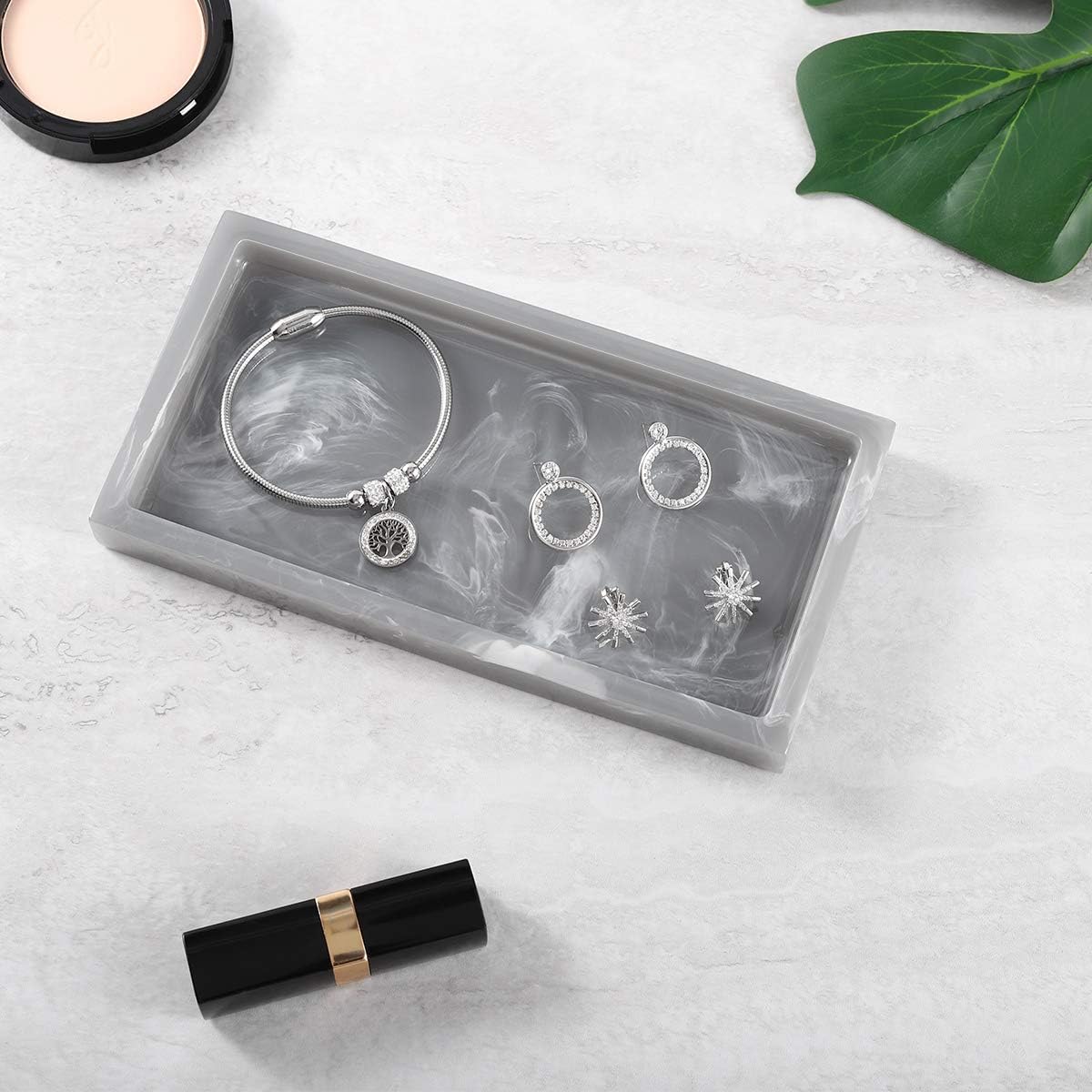 Luxspire Bathroom Vanity Tray, 8 x 4 inch Resin Kitchen Sink Tray for Soap Dispenser Bathroom Countertop Organizer Plate Holder for Perfume Soap Towel Bathroom Accessories, Mini, White Marble