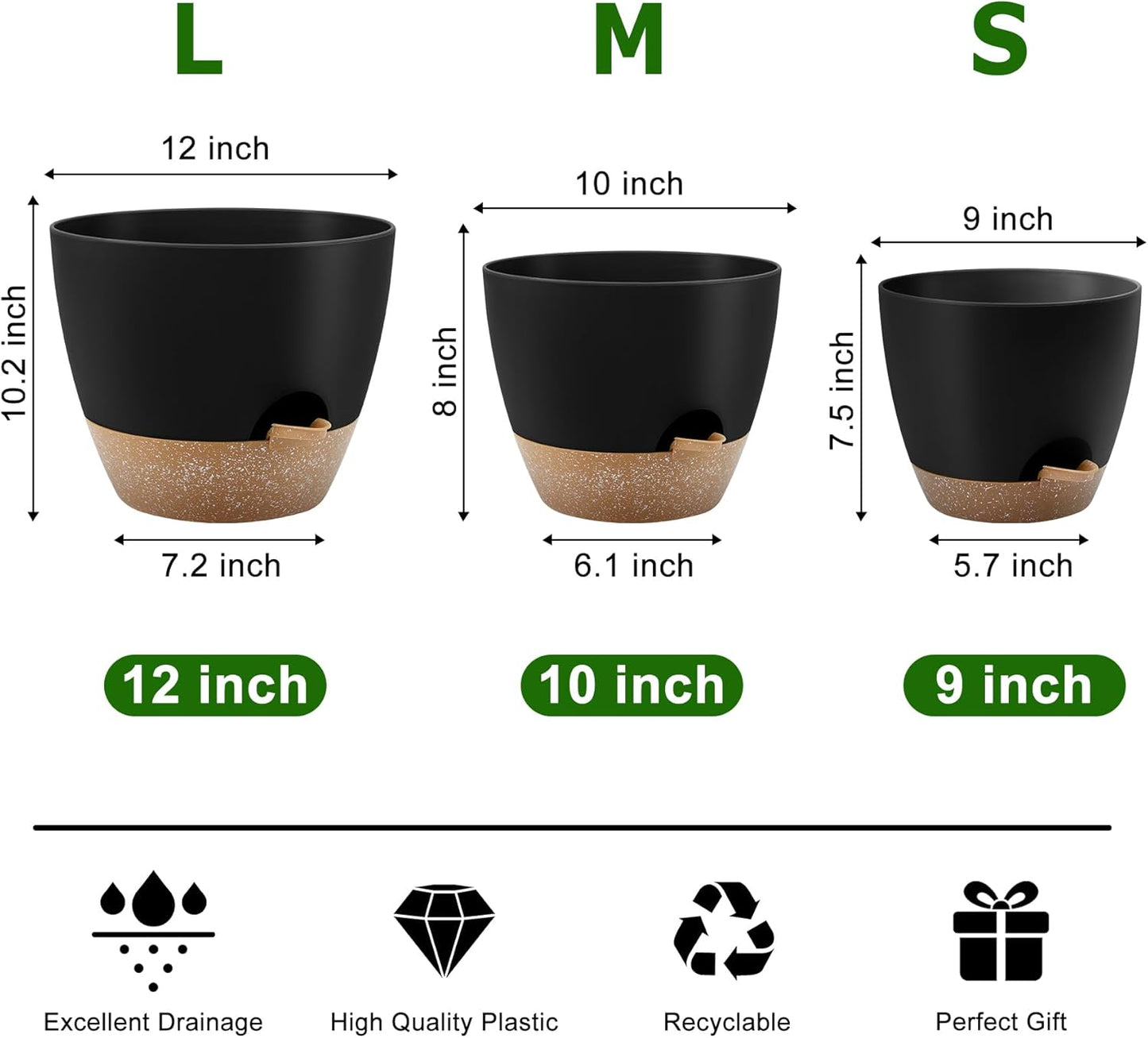 QRRICA Plant Pots 10/9/8/7.5/7 Inch Self Watering Pots, Set of 5 Plastic Planters with Drainage Holes and Saucers,Plastic Flower Pots,Nursery Planting Pot for Indoor Out Door Plants（Green）