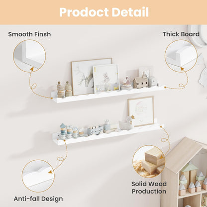 Fun Memories Picture Ledge Shelf for Wall, 24 inch Pine Wood Nursery Book Shelves Set of 2- Wall Book Shelves for Kids Room, Home Decor - Kitchen Spice-White