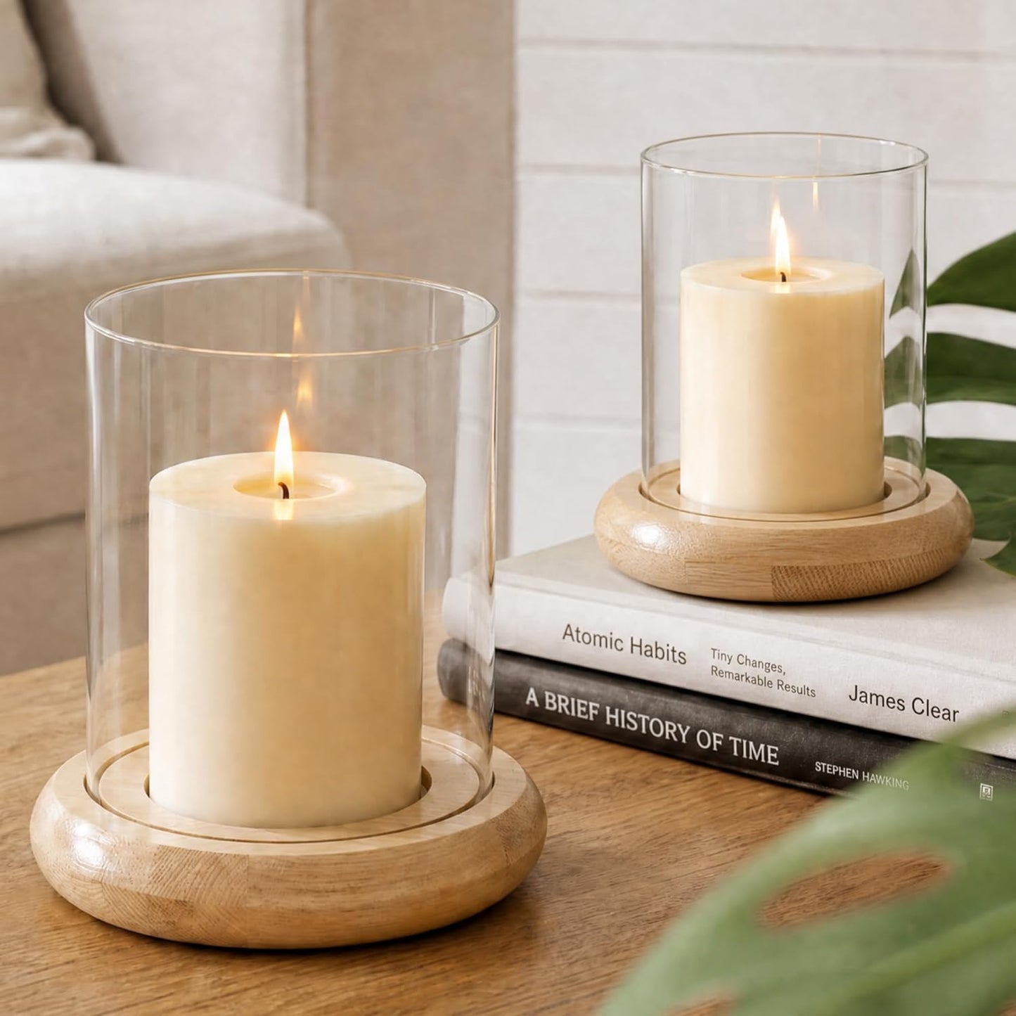 Set of 2 Black Hurricane Candle Holders with Wood Base, Modern Windproof Glass Cylinder Lantern, Farmhouse Pillar Candle Holder Decor for Table Centerpieces, Living Room, Patio & Kitchen Dining