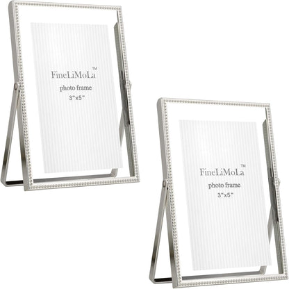 Gold 6x8'' Floating Photo Frame 2 Pack, Beaded Metal Frame Fits 3.5x5'', 4x6'' & 5x7'' Pictures, Adjustable Tabletop & Shelf Display, Elegant Wedding Gift for Home Decor