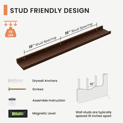 FLYJOE Picture Ledge Shelf, Floating Shelves Set of 2, Solid Pine Wood 55'' Long Large Nursery Book Shelves for Toys Storage, Kids Bookshelf for Living Room Bedroom Decor Books Photo Frames, Walnut