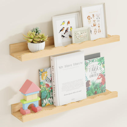 Fun Memories Picture Ledge Shelf for Wall, 24 inch Pine Wood Nursery Book Shelves Set of 2- Wall Book Shelves for Kids Room, Home Decor - Kitchen Spice-White