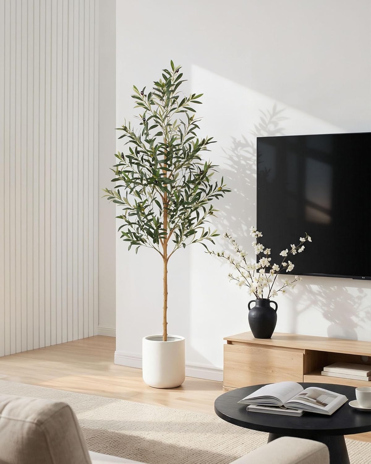FLOWORLD 6FT Olive Trees Artificial Indoor, Tall Faux Olive Tree 6FT (72in) with Natural Wood Trunk & Realistic Olives, Stable Base, Pet Friendly Artificial Plant for Home Office, Living Room, Outdoor