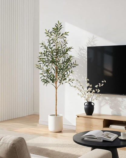 FLOWORLD 6FT Olive Trees Artificial Indoor, Tall Faux Olive Tree 6FT (72in) with Natural Wood Trunk & Realistic Olives, Stable Base, Pet Friendly Artificial Plant for Home Office, Living Room, Outdoor