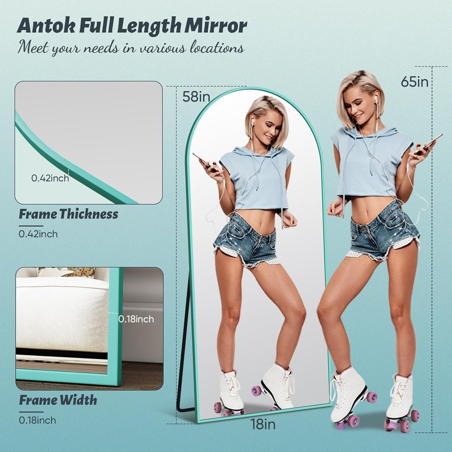 Antok 71" x28” Arched Full Length Floor Mirror, Black Aluminum Frame, Free Standing/Wall Mount/Leaning for Bedroom, Living Room, Dressing Room