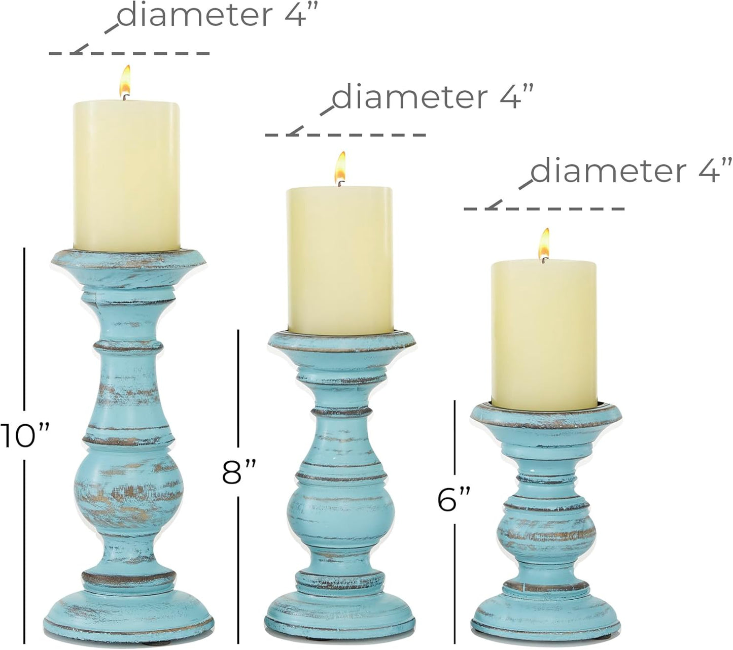 Deco 79 Mango Wood Decorative Candle Holder Distressed Turned Pillar Candle Stand, Set of 3 Candlestick Holder 6", 8", 10"H, Light Blue