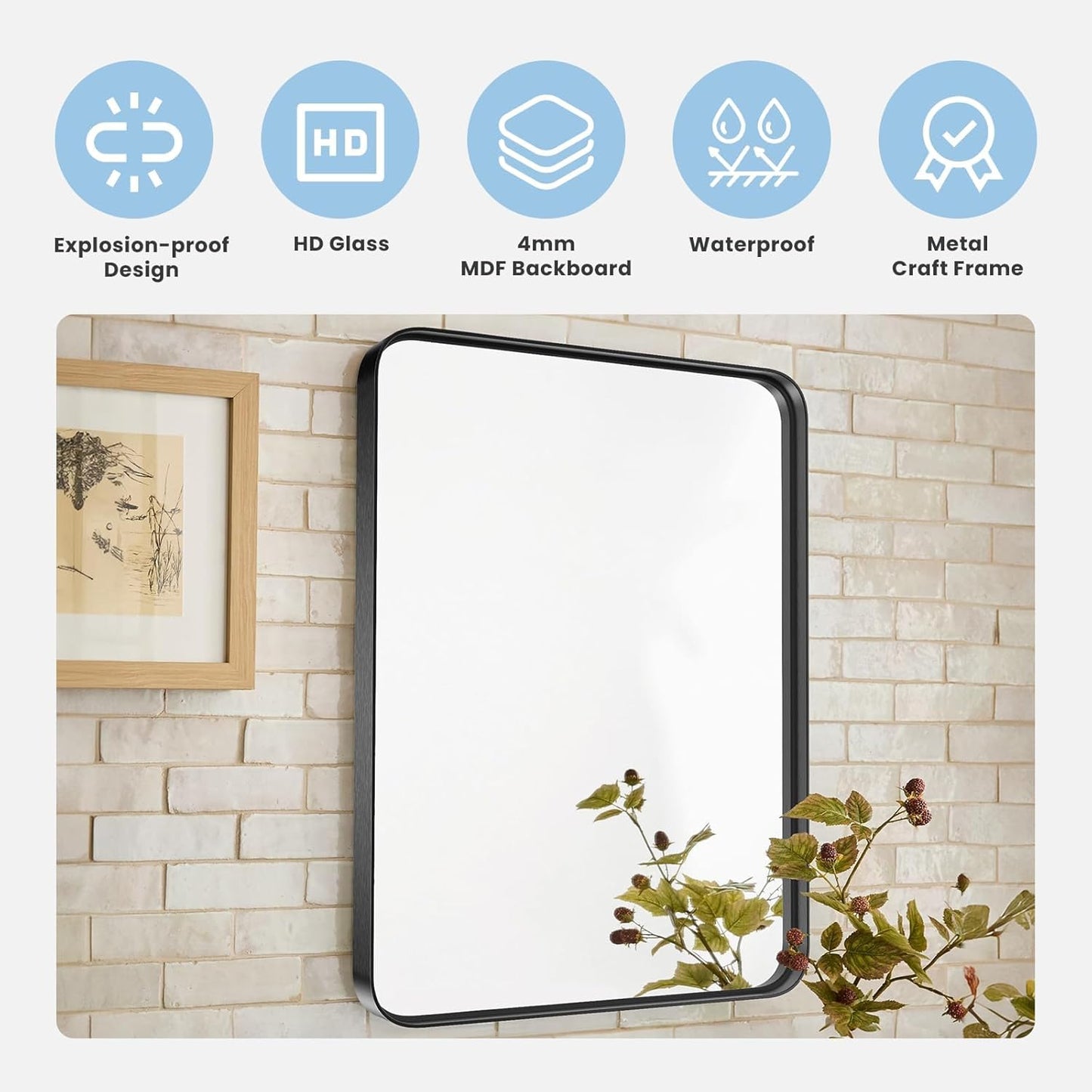 Bathroom Mirror for Wall, 24 Inch Round Mirror, Matte Black Metal Framed Circle Vanity Mirror for Bathroom Bedroom Living Room Entryway, Anti-Rust, Tempered Glass, Hanging or Leaning