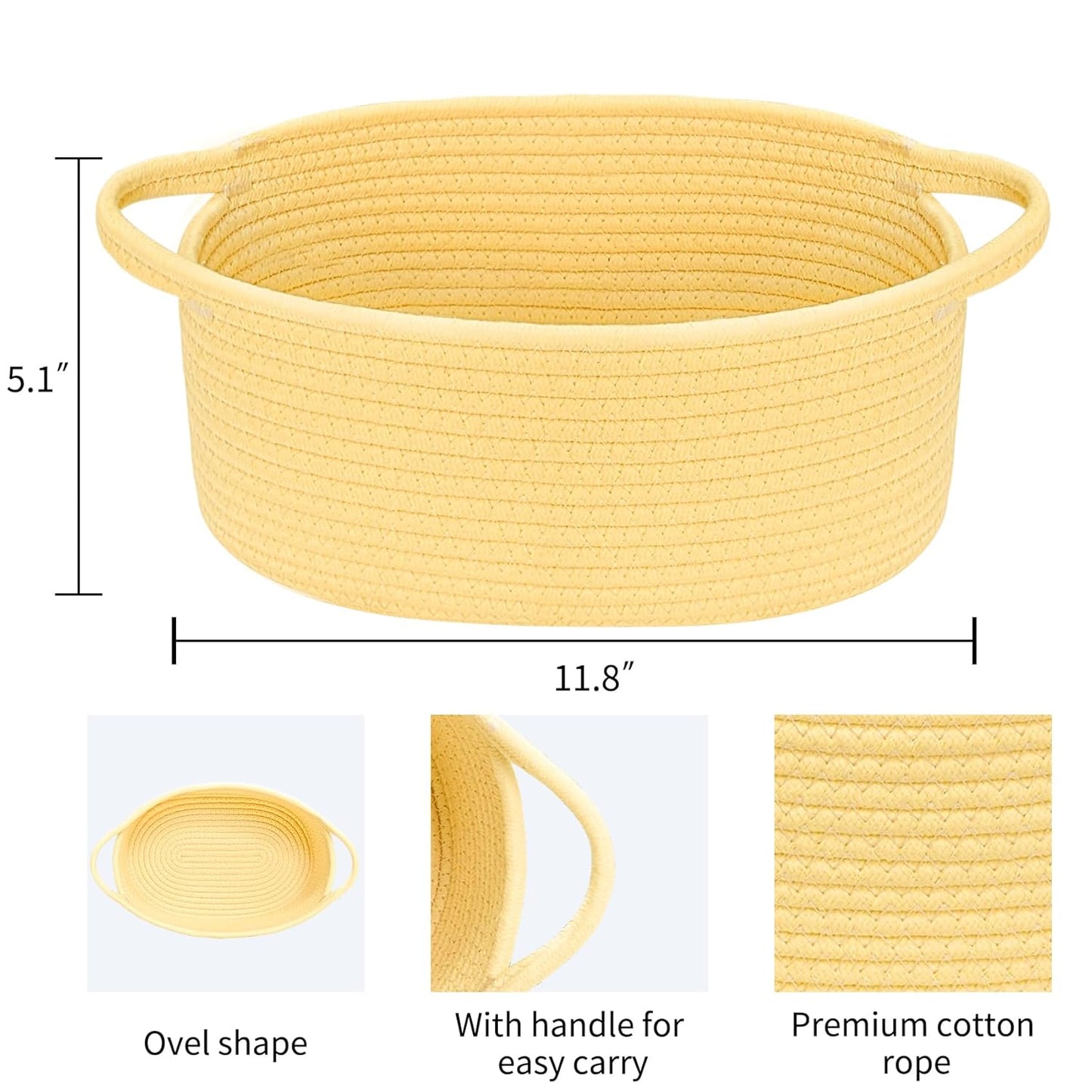 ABenkle Small Basket with Handles, Boho Decorative Rope Woven Dog Cat Toy Storage Bin Shelf Storage Organizer, Easter Christmas Gift Basket, 12"x8"x5", White