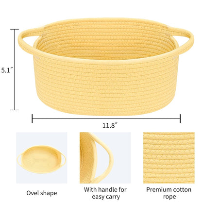 ABenkle Small Basket with Handles, Boho Decorative Rope Woven Dog Cat Toy Storage Bin Shelf Storage Organizer, Easter Christmas Gift Basket, 12"x8"x5", White