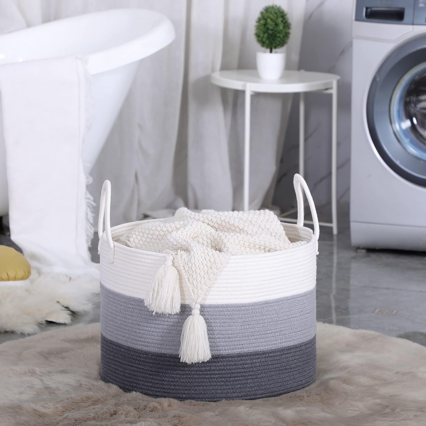 KAKAMAY Large Blanket Basket (20"x13"),Woven Baskets for storage Baby Laundry Hamper, Cotton Rope Blanket Basket for Living Room, Laundry, Nursery, Pillows, Baby Toy chest (White/Brown)