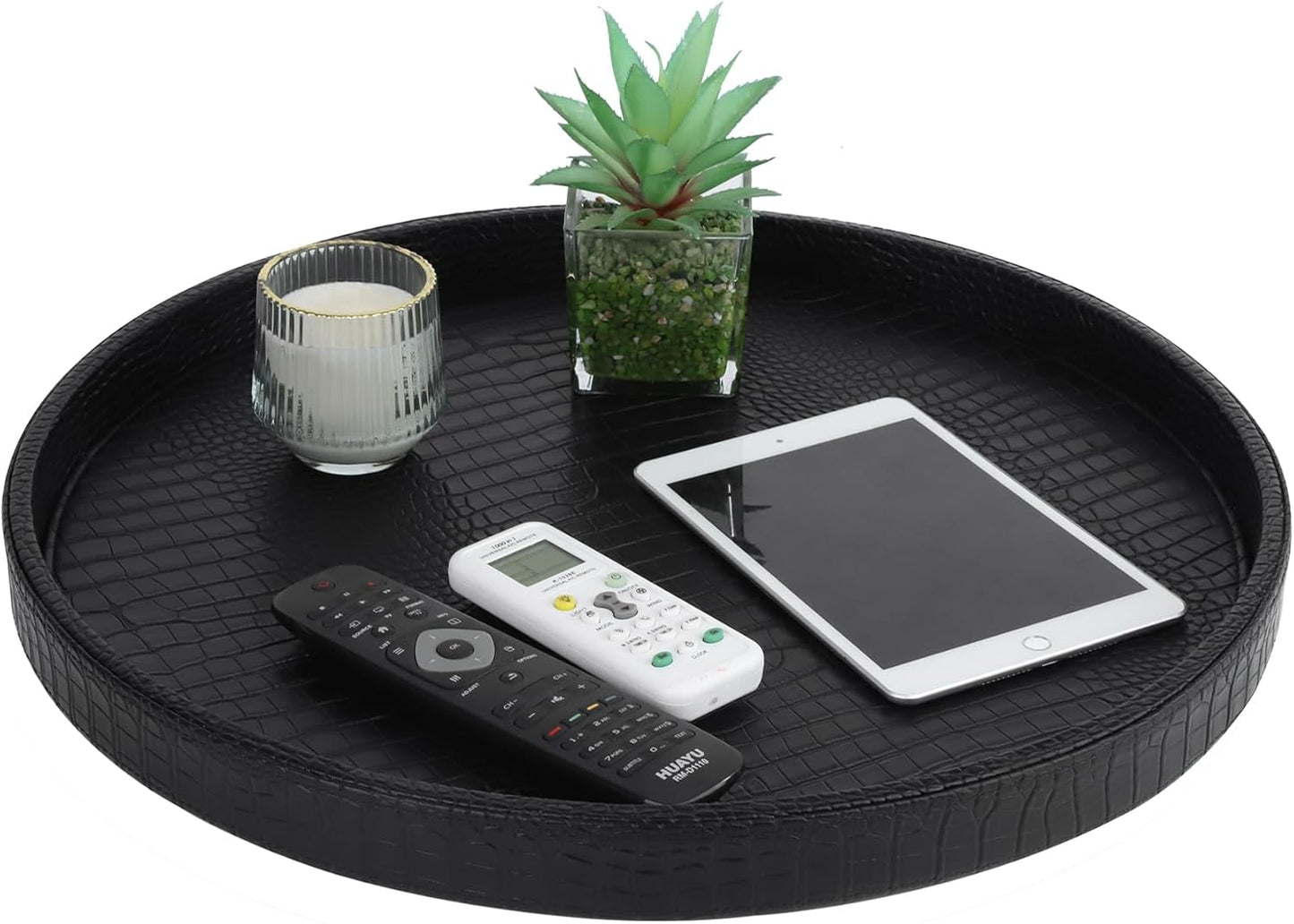 HofferRuffer Round Serving Tray 20'', Elegant Faux Leather Circle Ottoman Table Tray, Serve Tea Coffee Breakfast in Bedroom Living Room Kitchen (Brown)