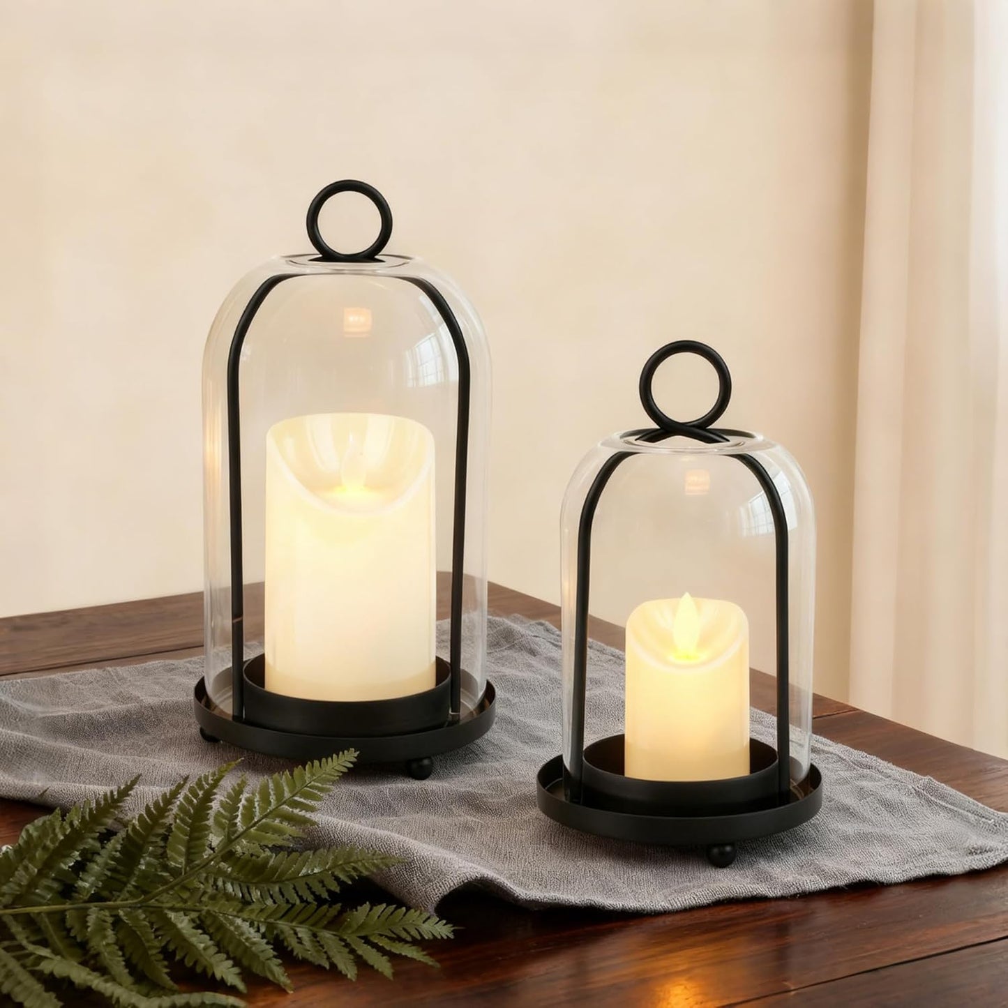 Glass Hurricane Candle Holder Decorative Gold Candle Lantern, Pillar Candlestick Holders Set of 2, Hanging Metal Holder Modern Table Centerpieces, Antique Brass