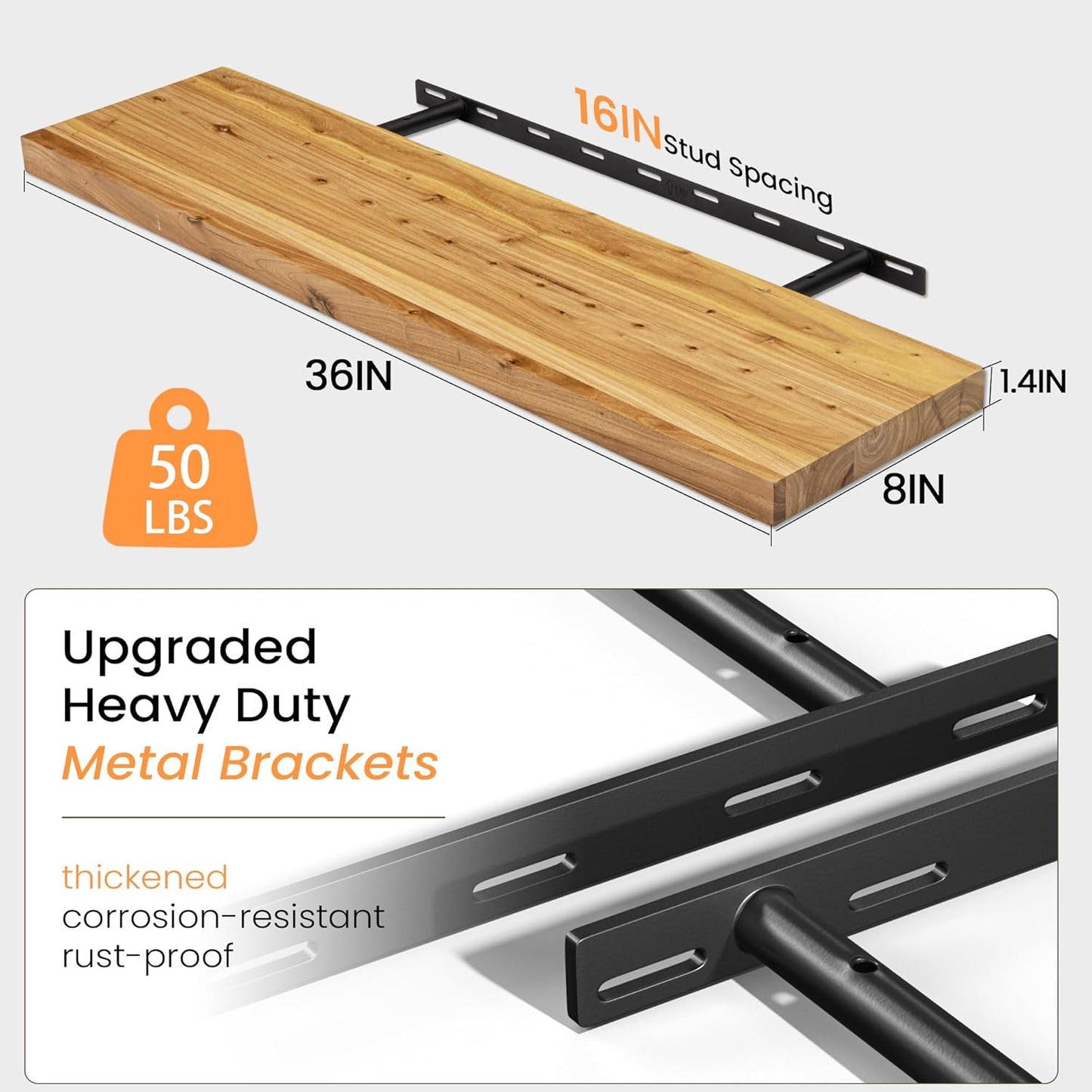 Floating Shelves 36 Inches Long - 8 Inch Deep Rustic Premium Solid Pine Wood for Storage - Farmhouse Wall Mounted for Living Room - Heavy-Duty Metal Bracket - 36" W x 8" D - Set of 2 - White Color