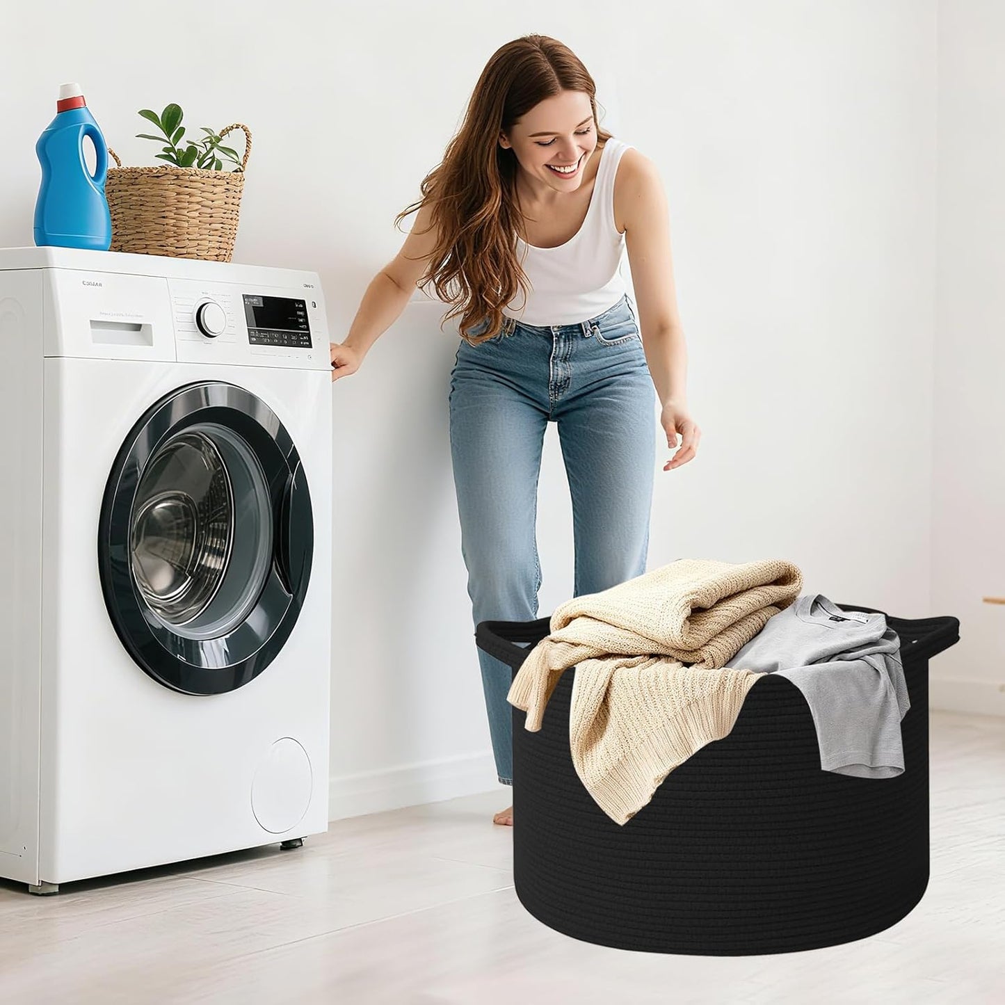 Large Woven Blanket Basket,65L Cotton Rope Laundry Basket Hamper with Handles, Decorative Nursery Basket Storage Bin for Toys, Clothes Organizer, Living Room, Bedroom, Bathroom, White & Brown
