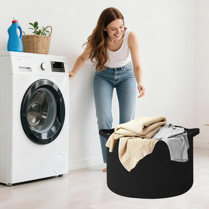 Large Woven Blanket Basket,65L Cotton Rope Laundry Basket Hamper with Handles, Decorative Nursery Basket Storage Bin for Toys, Clothes Organizer, Living Room, Bedroom, Bathroom, White & Brown