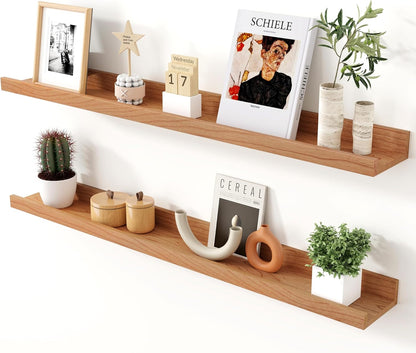 Axeman Oak Picture Ledge Shelf, 48 Inch Floating Shelves Set of 2, Solid Oak Wood Wall Shelves with Lip, Wall Decor Storage for Bedroom Living Room Bathroom Kitchen Nursery Photo Picture, Natural Oak