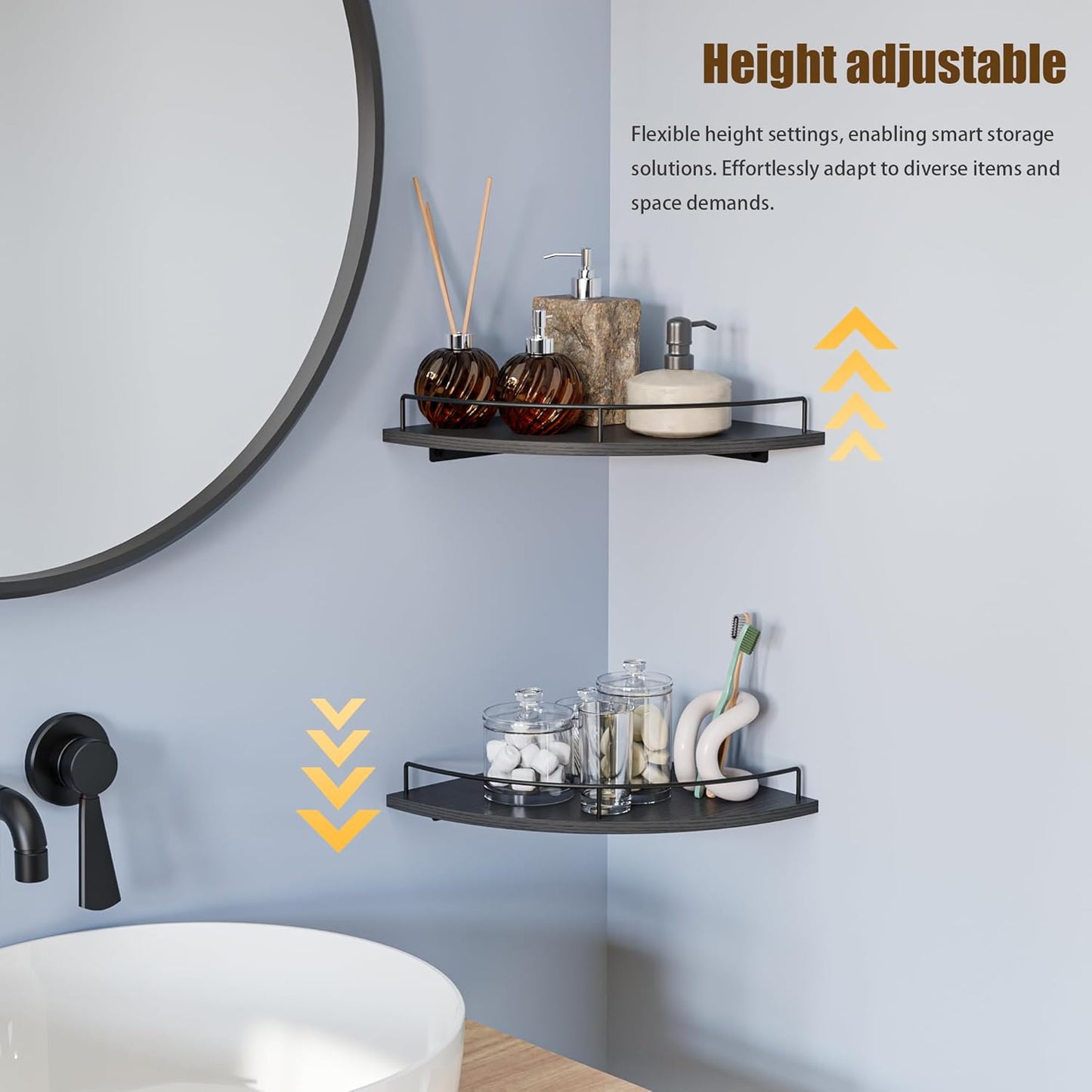 Corner Floating Shelves, Rustic Brown Wood, Set of 2, Wall Mount Storage with Guardrail for Bathroom Kitchen Living Room