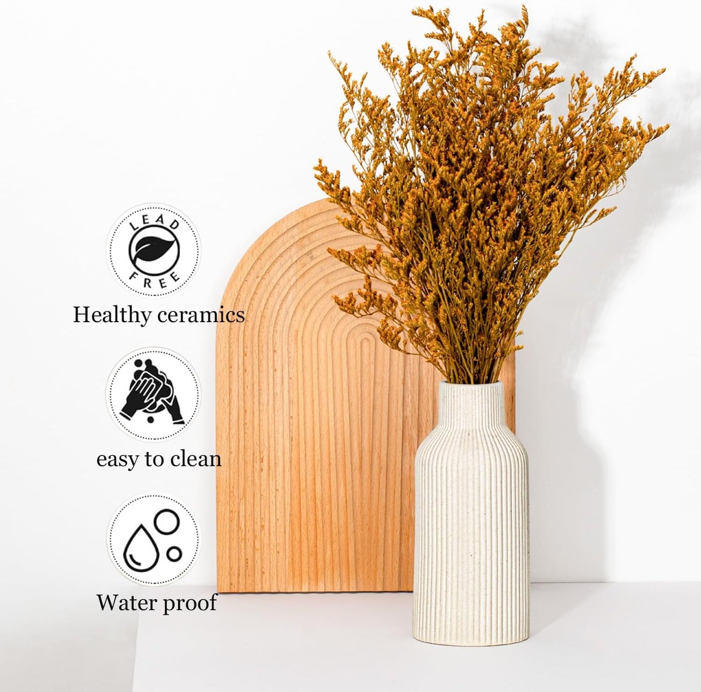 Bohemian White Ceramic Vase - for Pampas Grass, Mantel, Bookshelf, Entryway and Living Room Decor (White, 7in)