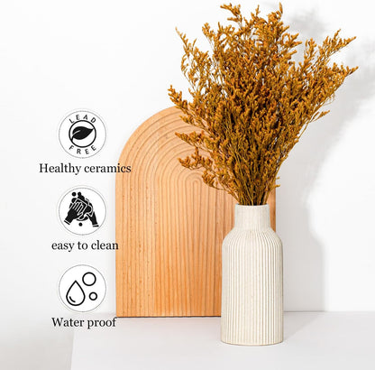 Bohemian White Ceramic Vase - for Pampas Grass, Mantel, Bookshelf, Entryway and Living Room Decor (White, 7in)