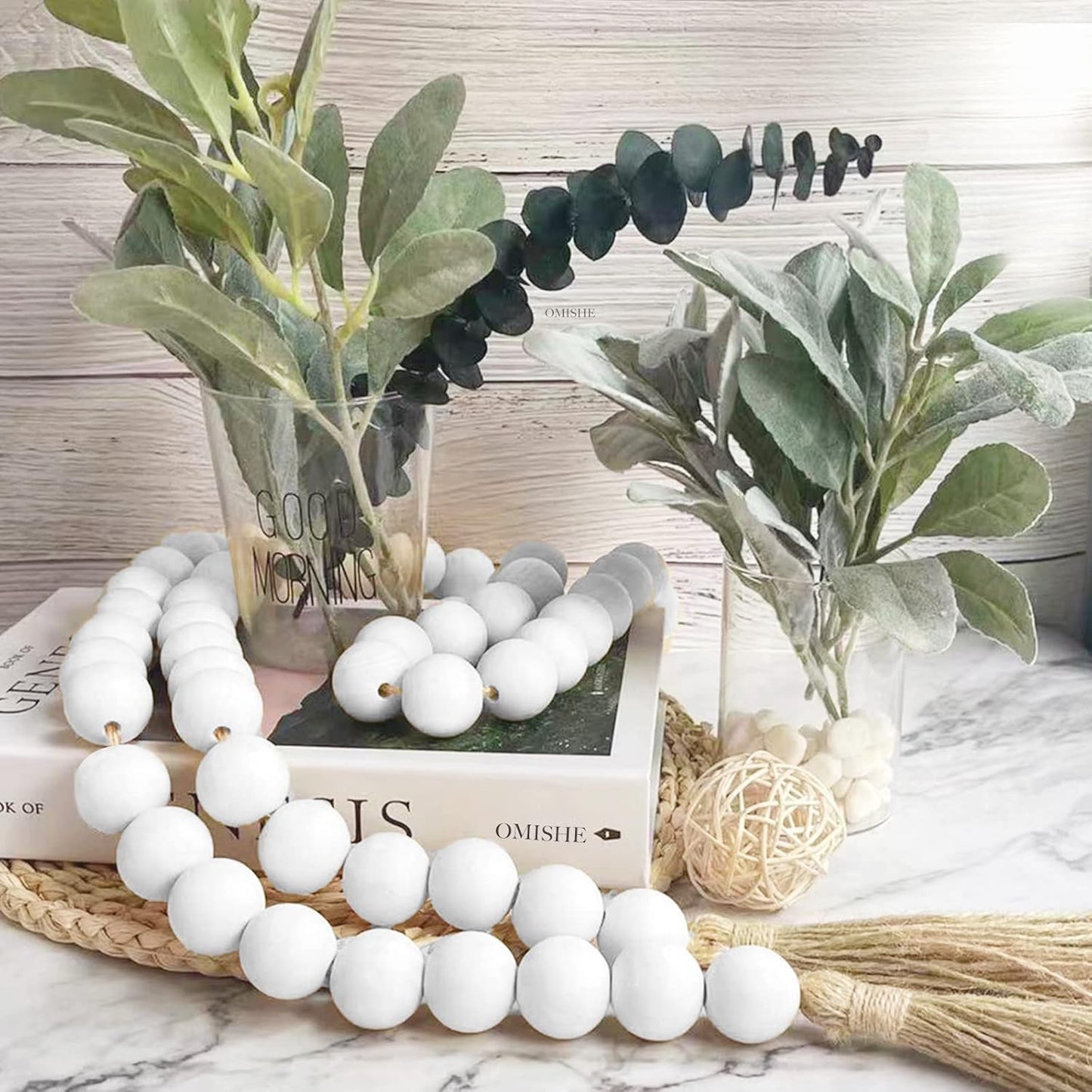 OMISHE Extra Large Wood Bead Garland with 1.6" Diameter Wooden Beads and Tassels, 41" Long Rustic Farmhouse Country Decorative Beads for Home Tiered Tray Decor, Natural Beige