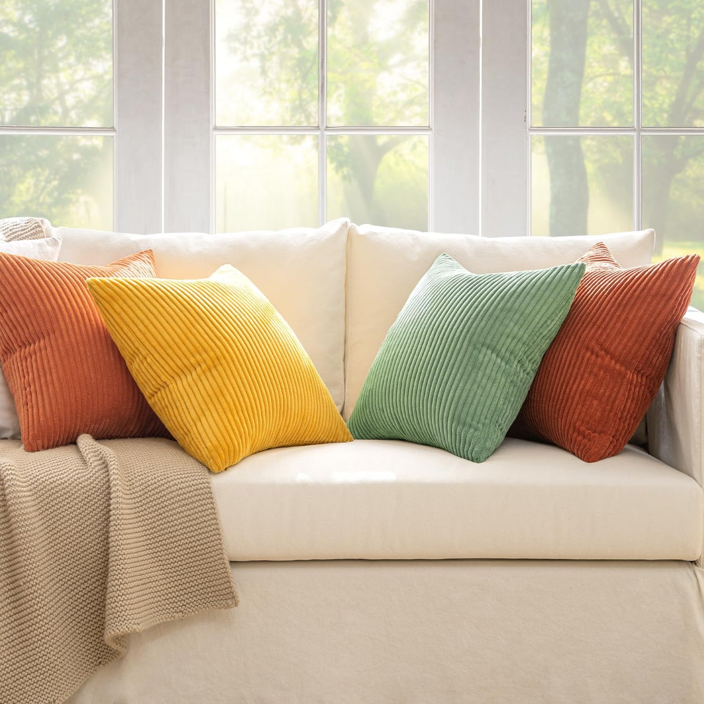 MIULEE Boho Farmhouse Sage Green Throw Pillow Covers 18x18 Inch Set of 4 Mordern Nordic Cushion Covers Soft Corduroy Spring Home Decor for Couch Bed Sofa Living Room Forest Green