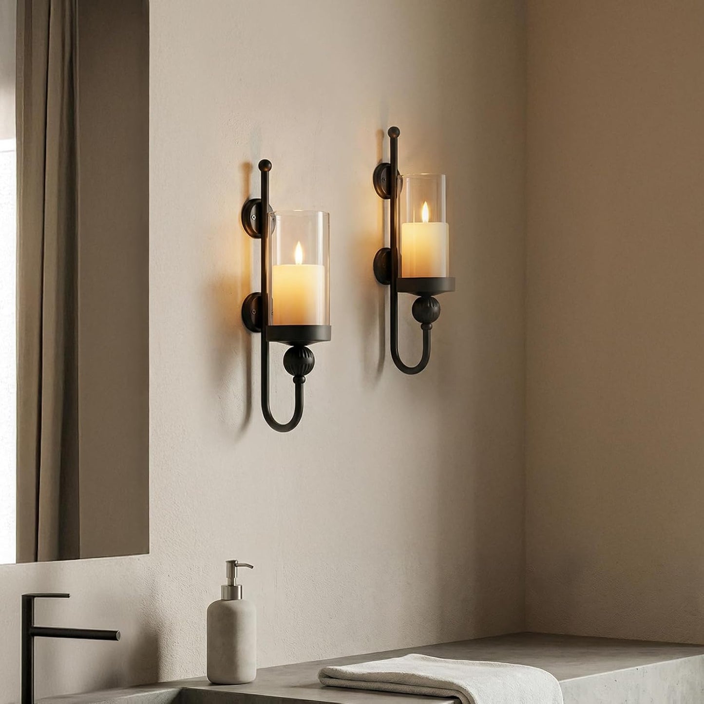 Sziqiqi Wall Candle Sconces Black: Wall Candle Holder Set of 2 for Pillars with Hurricane Glass - Wall-Mounted Metal Candleholder for Living Room Bathroom Bedroom