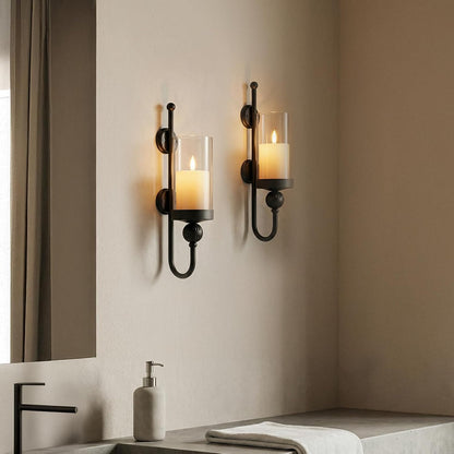 Sziqiqi Wall Candle Sconces Black: Wall Candle Holder Set of 2 for Pillars with Hurricane Glass - Wall-Mounted Metal Candleholder for Living Room Bathroom Bedroom