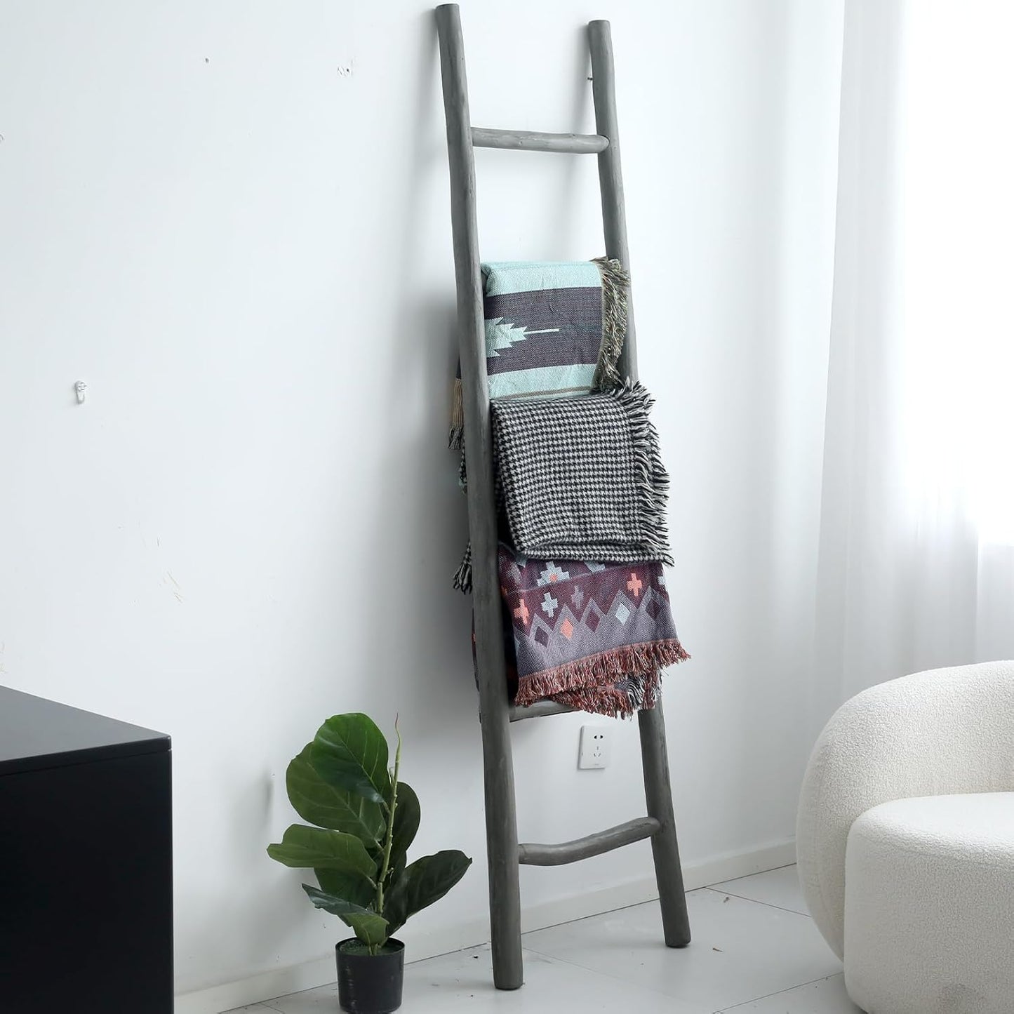 FUIN 57in Wood Blanket Ladder Living Room Decorative Wall Leaning Farmhouse Quilt Display Holder Rustic Wooden Towel Rack for Bathroom, Brown