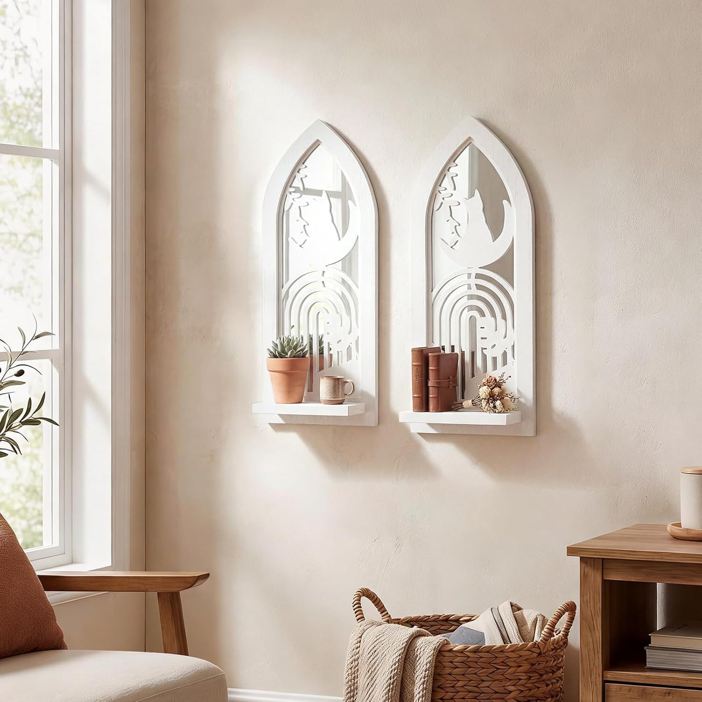 Wood Wall Sconce Candle Holder Set 2, Rustic Wall-Mount Candle Holders, Farmhouse Hanging Wall Décor, Carved Wood Frame, Mirrored Candle Holder (Distressed White)