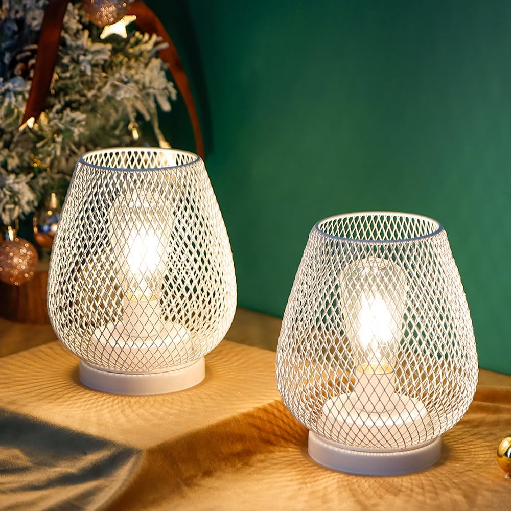 JHY DESIGN Set of 2 Metal Cage LED Lantern Battery Powered Cordless Accent Light with LED Great for Weddings Parties Patio Events for Indoors Outdoors