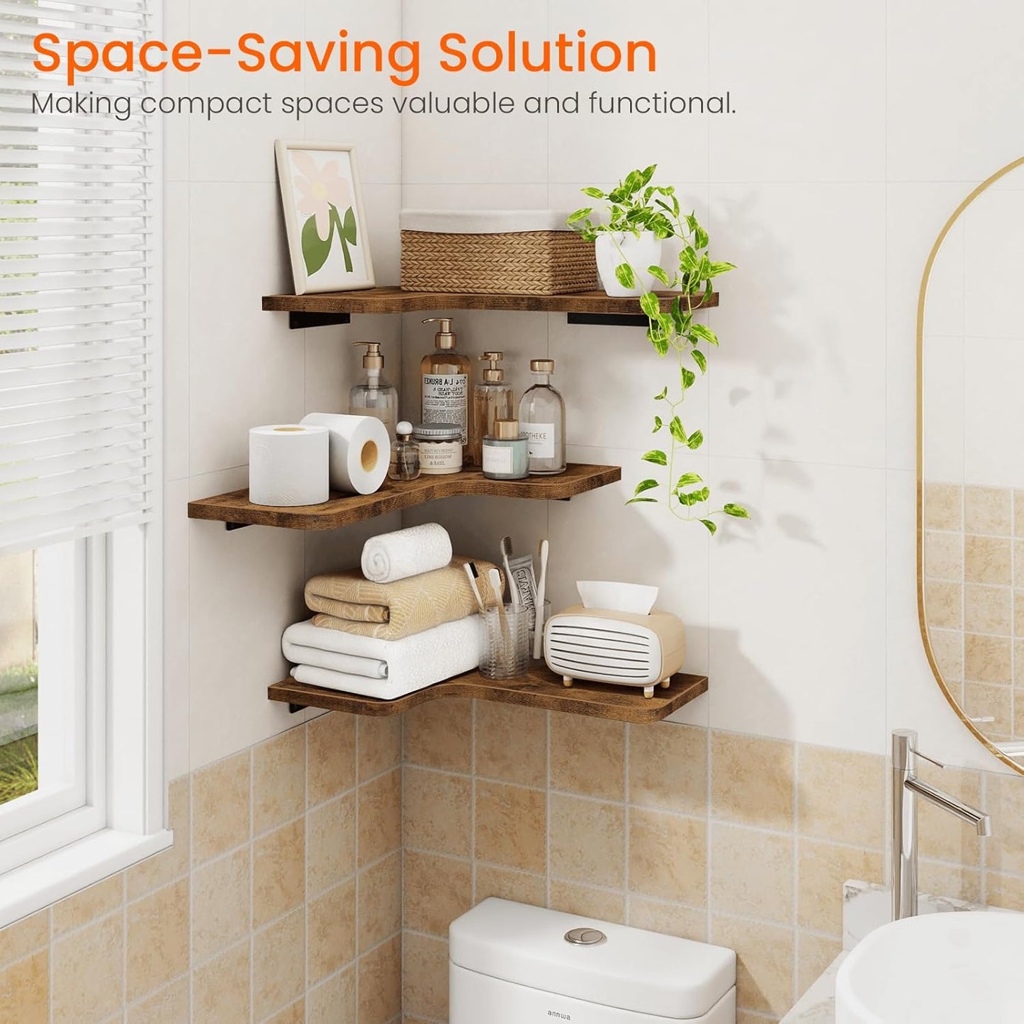 Homode Corner Floating Shelves, Set of 3 Corner Wall Shelves with Wire Hole, L-Shaped Wood Hanging Storage Shelf for Wall Decor, for Bathroom Kitchen Bedroom, White