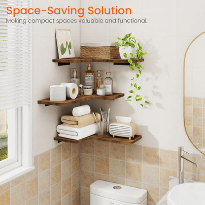 Homode Corner Floating Shelves, Set of 3 Corner Wall Shelves with Wire Hole, L-Shaped Wood Hanging Storage Shelf for Wall Decor, for Bathroom Kitchen Bedroom, White