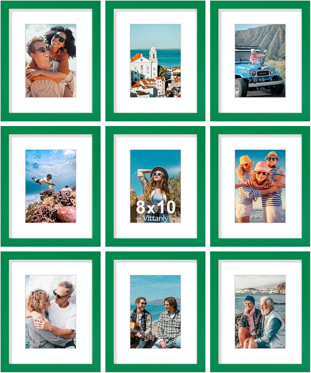 Vittanly 8x10 Picture Frames Set of 9, Shatter Resistant Plexiglass, Display 5x7 Pictures with Mat or 8x10 without Mat, Photo Frames for Wall or Tabletop, Engineered Wood, Black - Colors B