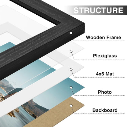 Vittanly 8x10 Picture Frames Set of 9, Shatter Resistant Plexiglass, Display 5x7 Pictures with Mat or 8x10 without Mat, Photo Frames for Wall or Tabletop, Engineered Wood, Black - Colors B