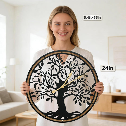 Micasso Farmhouse Large Wall Clock: 24Inch Rustic Tree of Life Metal with Wood Frame - Vintage Battery Operated Wall Clocks for Living Room/Office/Bedroom - Home Decor for Fashion-Conscious