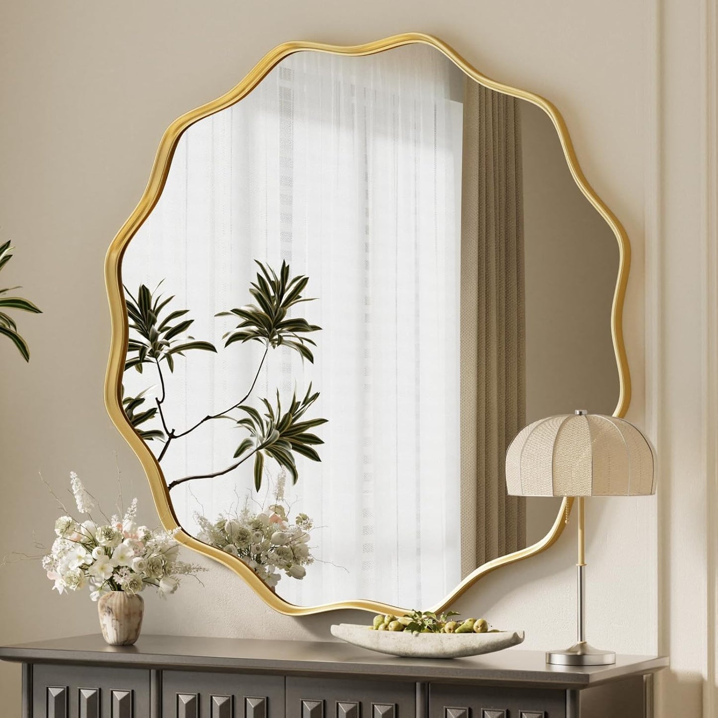 VooBang Black Scalloped Large Circle Mirror, 42" Wavy Edge Round Wall Mirror with Tempered Glass Textured Circular Metal Deep Frame, Hanging Leaning for Bathroom, Hallway, Entryway, Livng Room