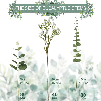 lovemoon 130 Pcs Artificial Mixed Eucalyptus Stems Bulk, 5 Kinds of Faux Greenery Eucalyptus Leaves Bulk for Vase Wedding DIY Bouquets Floral Arrangement Home Decor (130, Green)