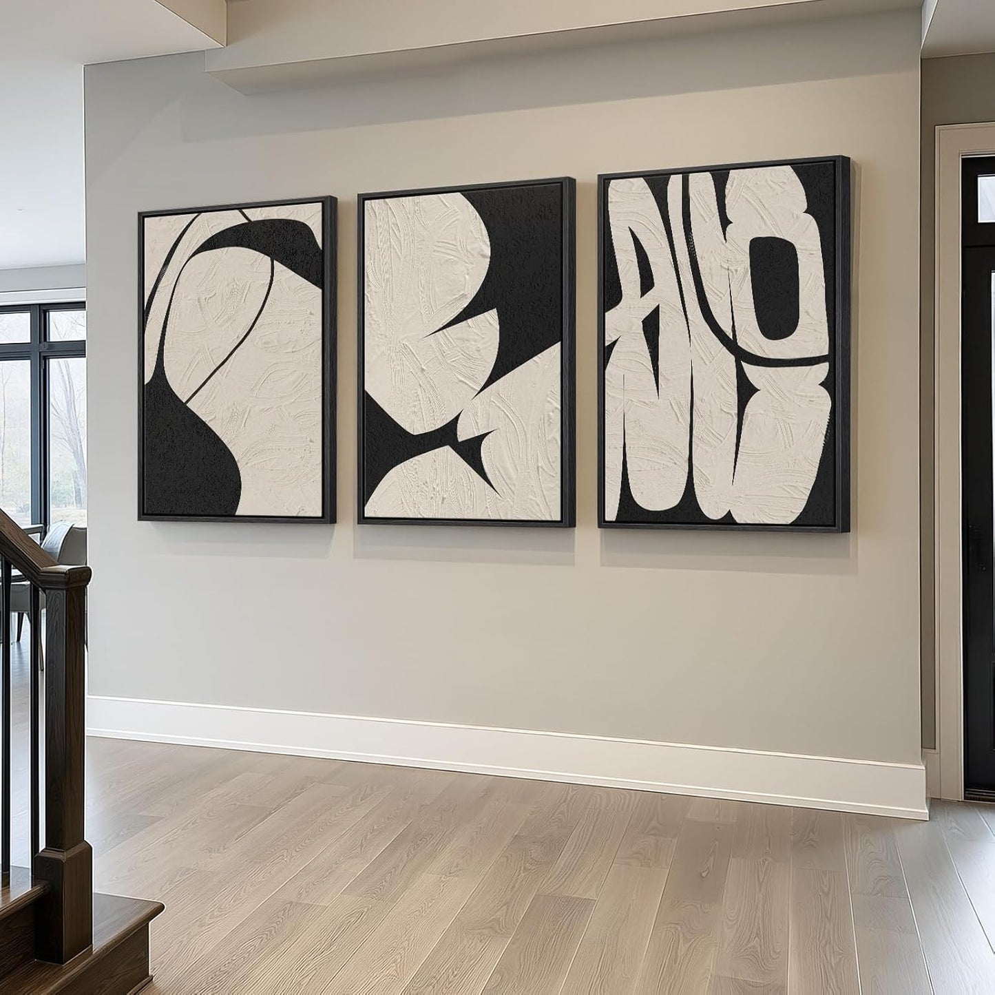 Large Framed Neutral Abstract Wall Art for Living Room, 3 Piece Modern Canvas Prints Paintings Artwork for Walls, Black and Beige Pictures for Living Room Hallway Stair Office Wall Decor 24x36 Inch