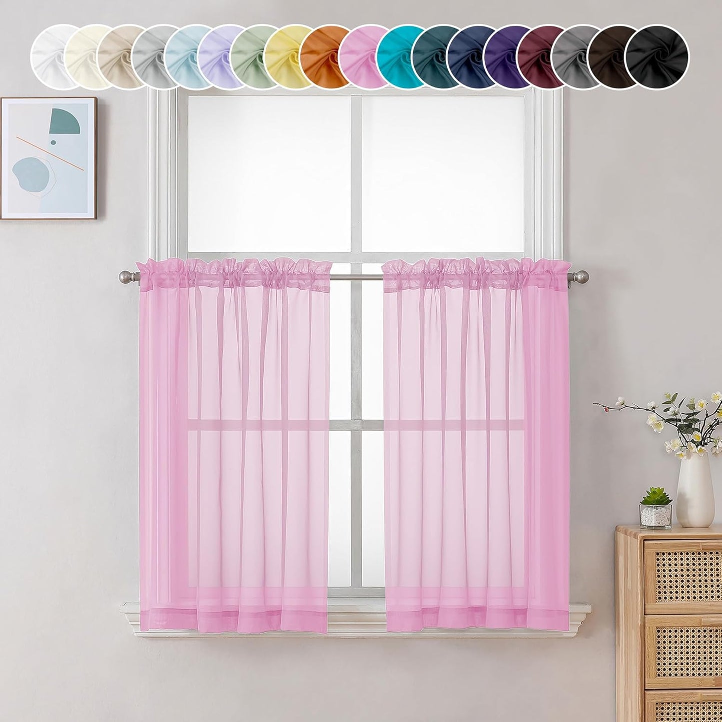 Chyhomenyc Sheer White Valances for Windows 2 Pack, Small Window Curtains for Living Room Bathroom Cafe Laundry Basement, Modern Top Dual Rod Pocket Voile Curtain, 42W x 14L inches, White - Colors A