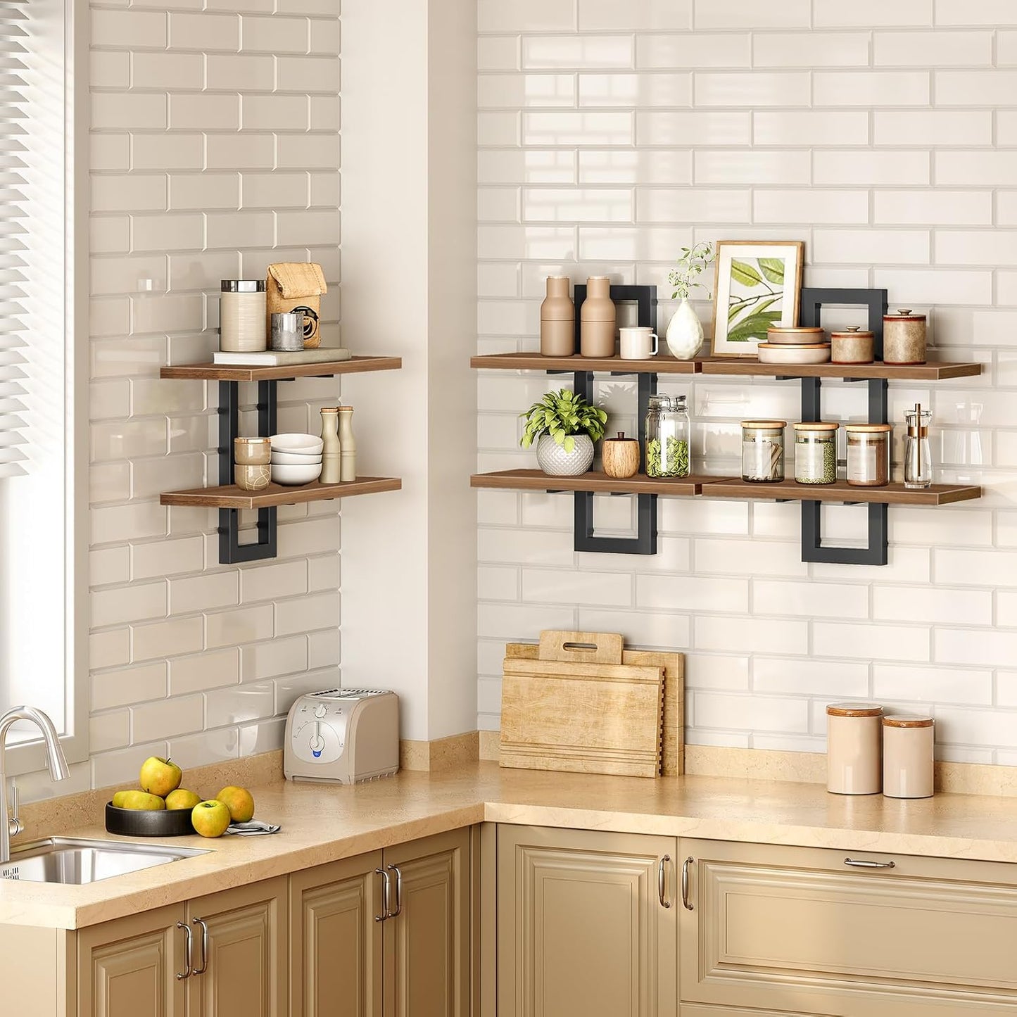 HOOBRO Floating Shelves, 15 Inch Wall Shelf Set of 2, Wall Mounted Storage Shelves 2-Tier, Hanging Bathroom Shelves, for Living Room, Bedroom, Bathroom, Kitchen, Rustic Brown and Black BF32BJ01G1