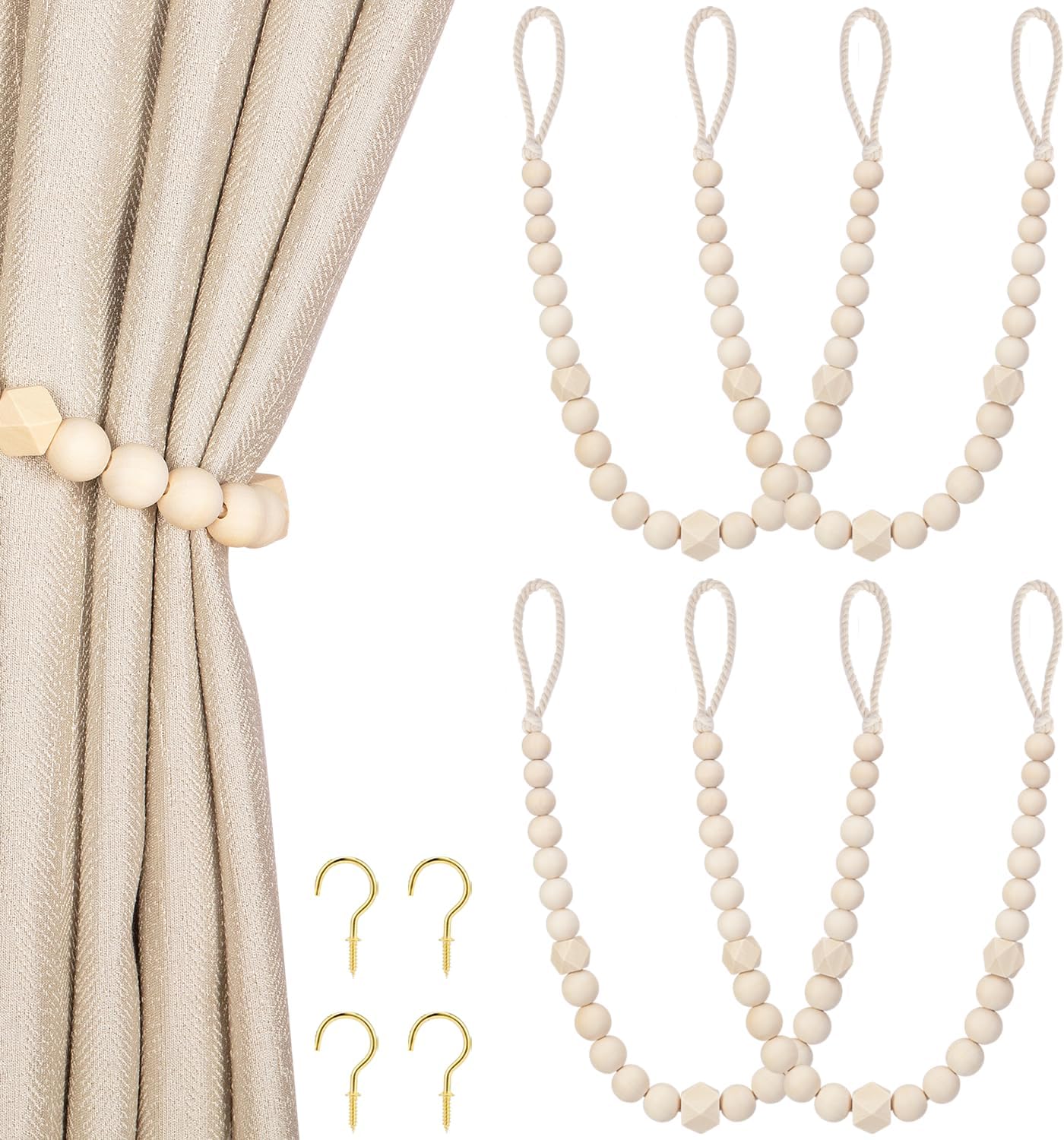 Wood Bead Curtain Tiebacks, KLOGTSIND Set of 2 Curtain Holdbacks for Thin or Thick Window Draperies, Boho Farmhouse Curtain Tiebacks with Hooks, Curtain Tie Backs for Home Office Room Decor