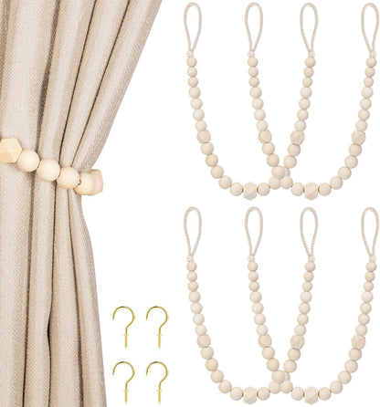 Wood Bead Curtain Tiebacks, KLOGTSIND Set of 2 Curtain Holdbacks for Thin or Thick Window Draperies, Boho Farmhouse Curtain Tiebacks with Hooks, Curtain Tie Backs for Home Office Room Decor