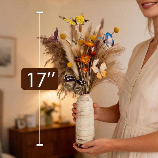 Pampas Grass Decor - Dried Flower Bouquet for Western Boho Decor, Floral Arrangement with Bunny Tail, Pampas Grass & Butterfly for Vase, Moody Decor, Wedding, Bedroom Table Centerpiece Wall Décor