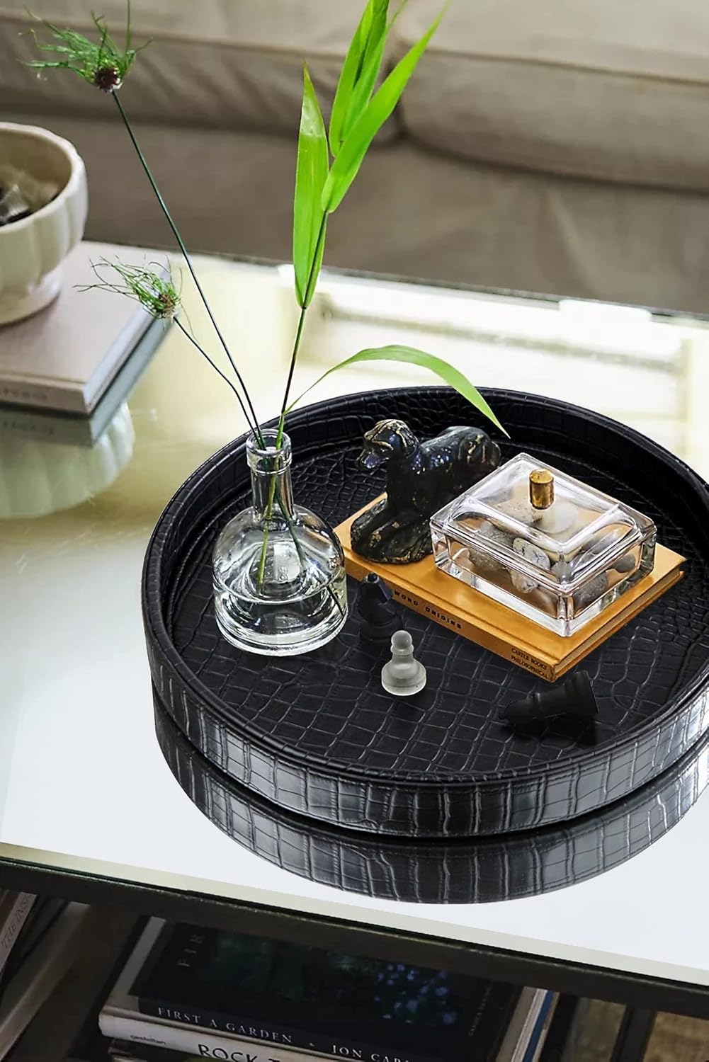 HofferRuffer Round Serving Tray 20'', Elegant Faux Leather Circle Ottoman Table Tray, Serve Tea Coffee Breakfast in Bedroom Living Room Kitchen (Brown)