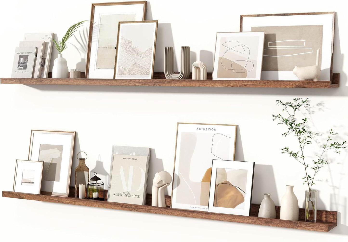 Fun Memories Picture Ledge Shelves Set of 2, 32 Inch Rustic Wall Mounted Floating Shelves with Lip for Home Storage and Décor in Bathroom, Kitchen, Nursery, Bedroom, Living Room, Walnut