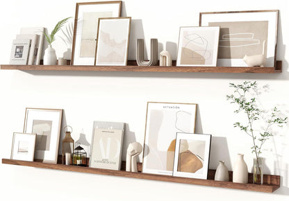 Fun Memories Picture Ledge Shelves Set of 2, 32 Inch Rustic Wall Mounted Floating Shelves with Lip for Home Storage and Décor in Bathroom, Kitchen, Nursery, Bedroom, Living Room, Walnut
