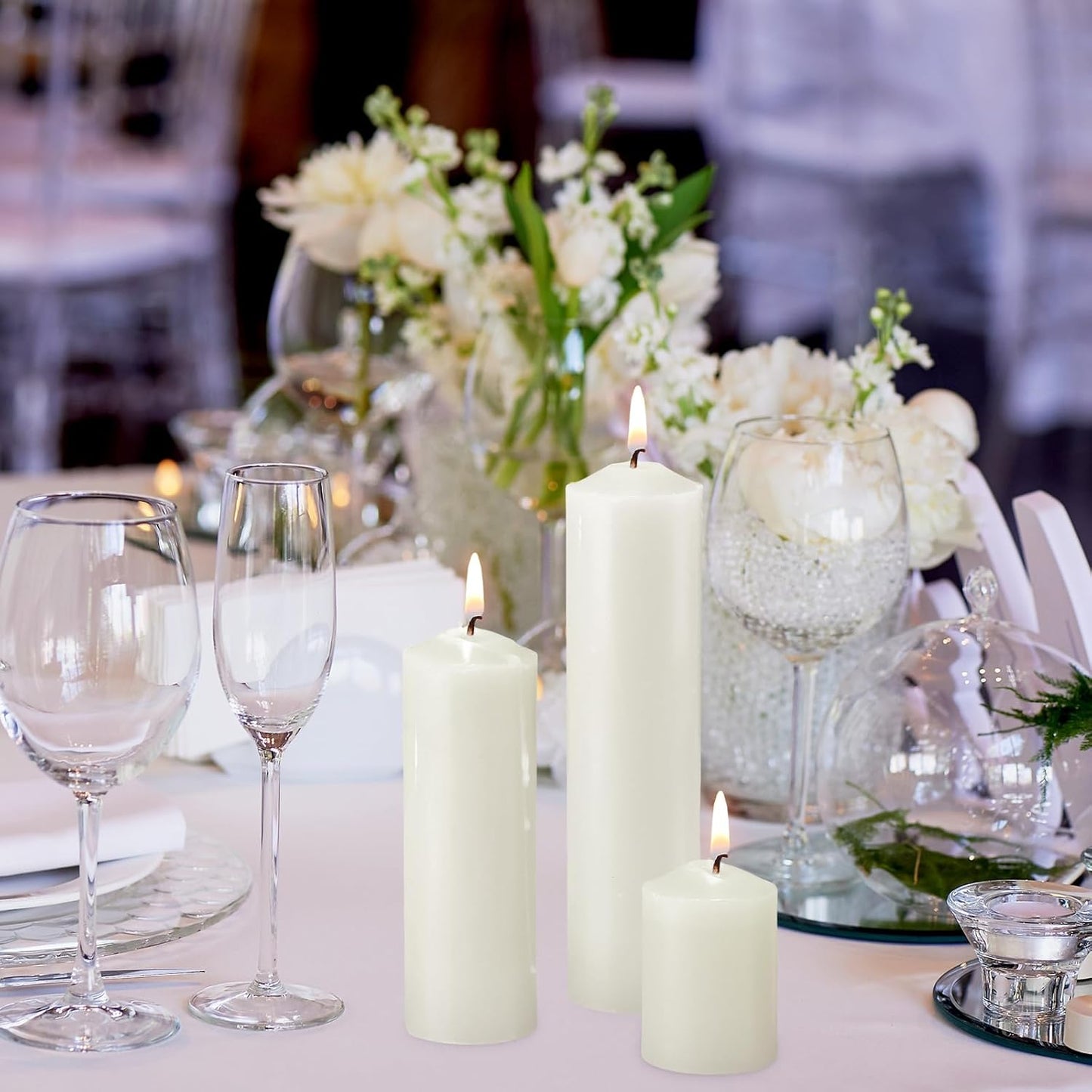 MTLEE 18 Pcs Set of 3 Pillar Candles Bulk 2 in x 3, 6, 8 Long Burning Clean Unscented Smokeless Pillar Candles for Wedding Emergency Lanterns Ceremony Party (Ivory White)