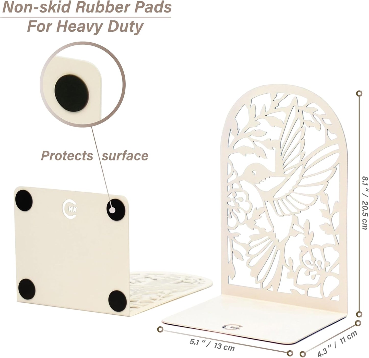 CNK Premium BookEnds - Heavy Duty Metal Book Stoppers for Home Office, Decorative Book Shelf Holders (Hummingbird Black)