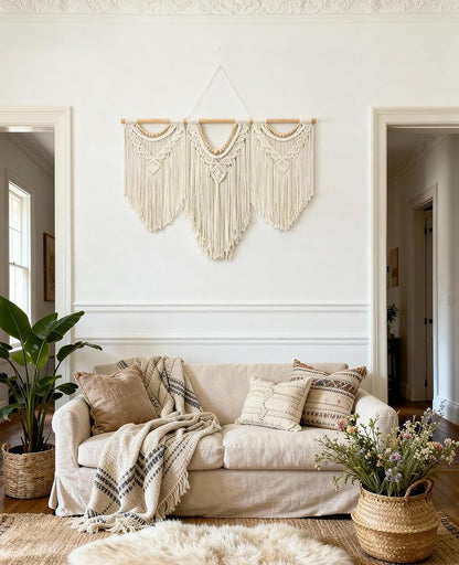 Tempospark Large Macrame Wall Hanging, 43" Wx32 L Boho Wall Hangings for Living Room Bedroom Nursery, Boho Chic Large Macrame Tapestry for Bedroom Wall Decor (Tassel)